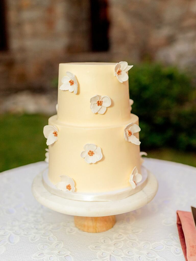 Yellow bridal shower cake with white florals. 