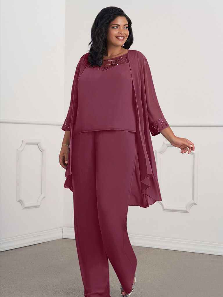 Azazie three-piece wedding pantsuit for the grandmother of the bride