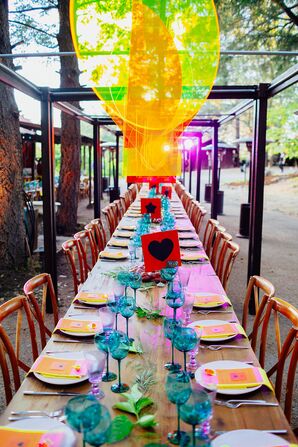 Neon Colorful Wedding Tablescape Decorations and Wood Farm Table