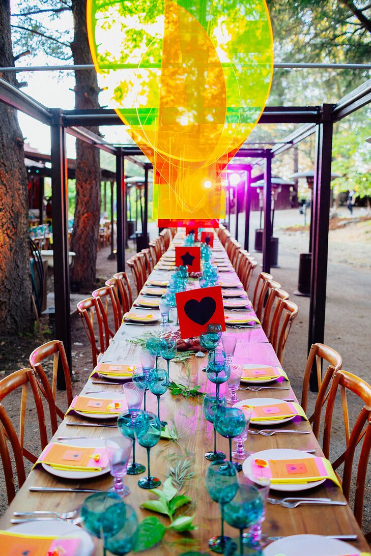 Neon Colorful Wedding Tablescape Decorations and Wood Farm Table