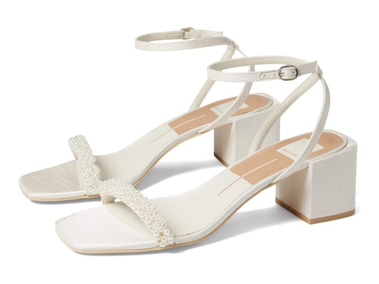 Ankle strap heels with pearl encrusted straps on front