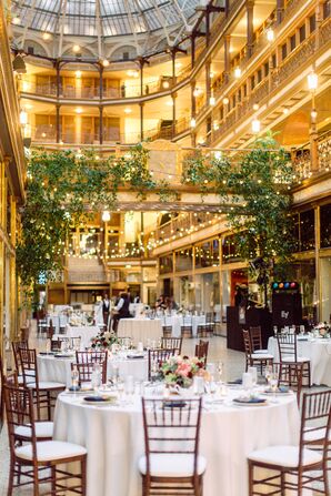 Arcade Atrium Reception with String Lights and Greenery