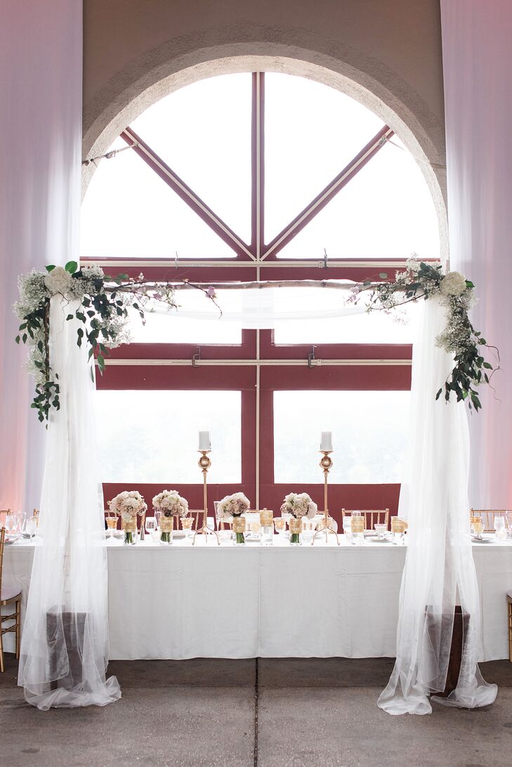 Kathleen and Alan had their ceremony and reception at World's Fair Pavilion at Forest Park in St. Louis, Missouri. They loved the alternative venue and its atmosphere and gorgeous views. The head table was framed by the wedding arbor from the ceremony for a little added romance.