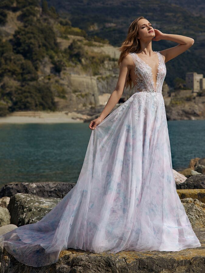 Ines by Ines Di Santo sleeveless wedding dress with pastel flowers