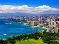 Skyline of hotels and buildings on Waikiki Beach in Hawaii