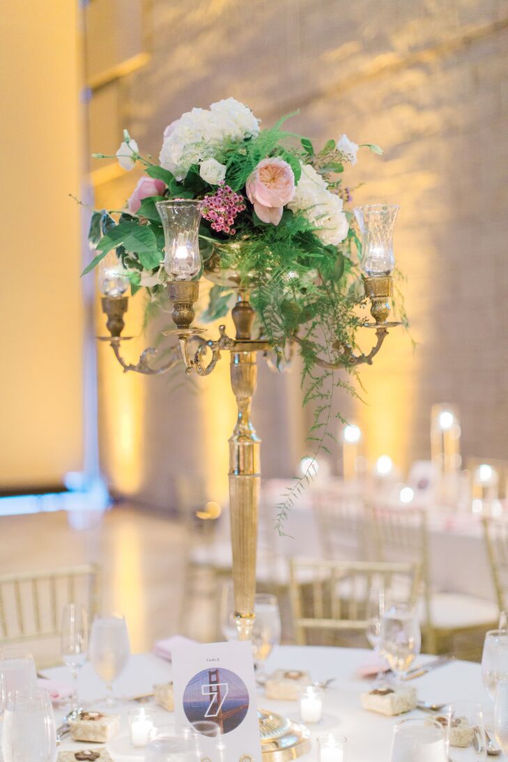 Gold Candelabra Centerpiece with Roses and Ferns