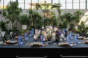 Pops of Blue and Lush Greenery at Wedding Reception