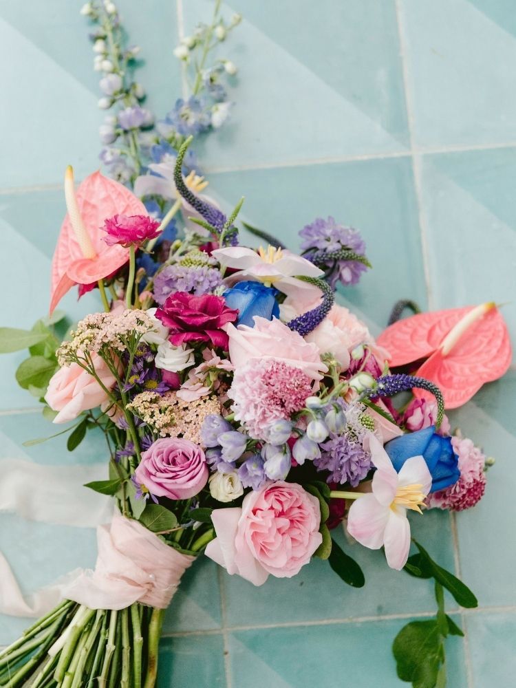 pink-and-blue tropical wedding bouquet