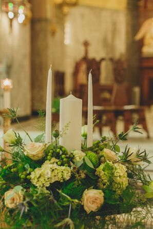 Green Fern and Thistle Centerpiece with Pillar Candles