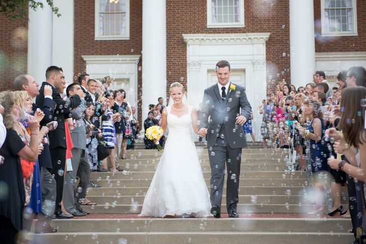Britni and James had their ceremony at University of Maryland's Memorial Chapel in College Park, Maryland. As they exited, guests blew bubbles at them.