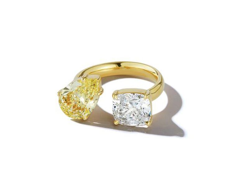 jemma wynne diamond and yellow diamond cushion cut open engagement ring with plain gold band