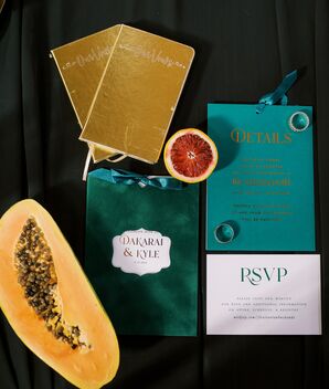 Emerald Green Wedding Invitations and Gold Velvet Vow Books