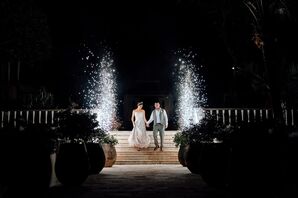 Bride and Groom Grand Exit, Nighttime, Lit by Towering Sparklers, Fireworks
