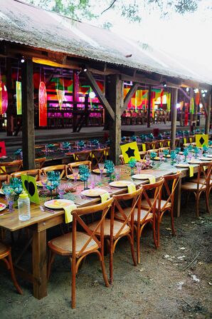 Neon Colorful Wedding Decor and Wood Farm Table