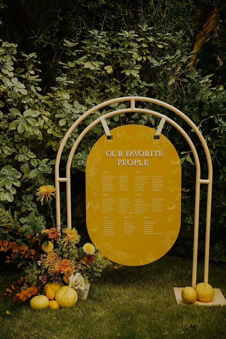 Yellow Seating Chart Sign in Modern Style, Lemons and Bright Flowers Around