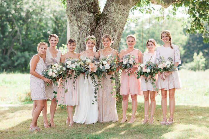 Wanting her bridesmaid dresses and her own gown to complement the land and the farmhouse, Megan decided on an elegant, laid-back aesthetic. “I’m all about comfort, and my style has always skirted the bohemian line,” Megan says. “It’s elegant but always comfortable.” She opted for a simple thin-strapped gown in an A-line silhouette and had her bridesmaids choose their own dresses in soft shades of ivory or blush.