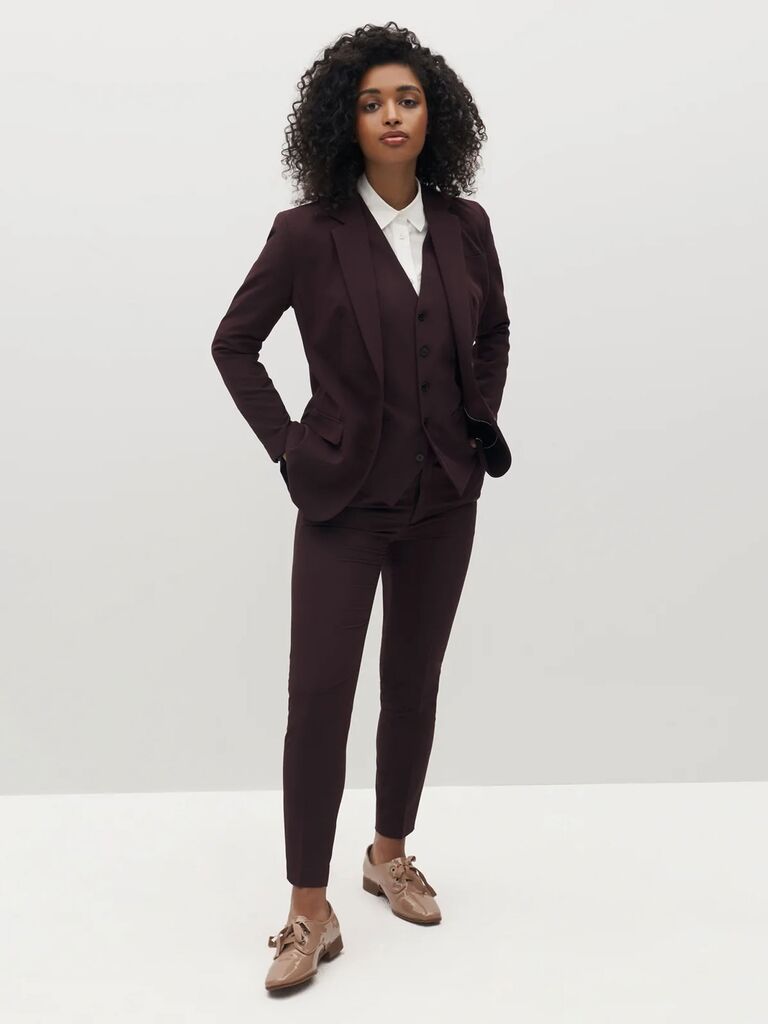 Suitshop women's burgundy suit for black-tie optional weddings