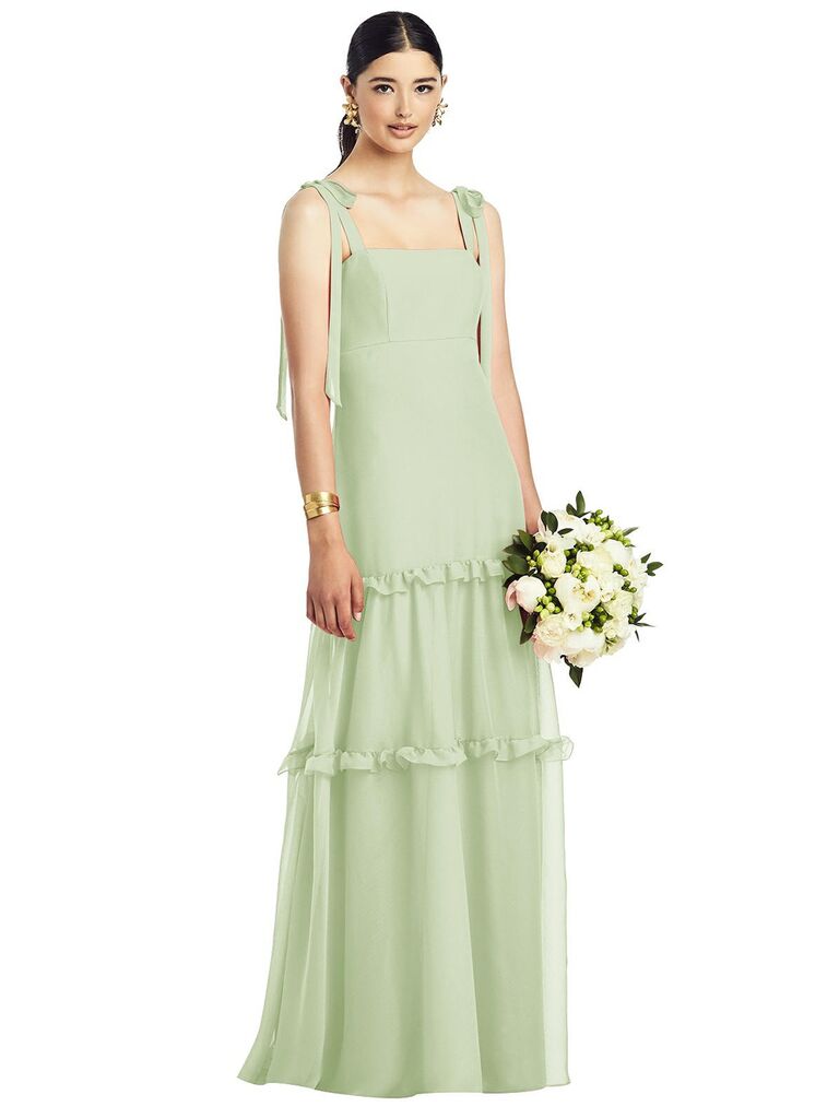 the dessy group pale green chiffon garden wedding bridesmaid dress with ruffles and tie sleeves