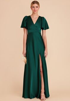 Birdy Grey Marni Matte Satin Dress in Emerald V-Neck and Plunge Bridesmaid Dress