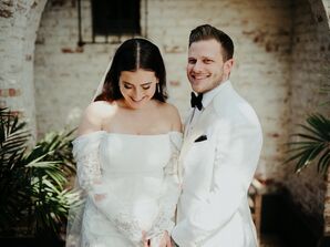 Bride in Off-the-Shoulder Gown With Illusion Sleeves, Groom in White Tuxedo Jacket