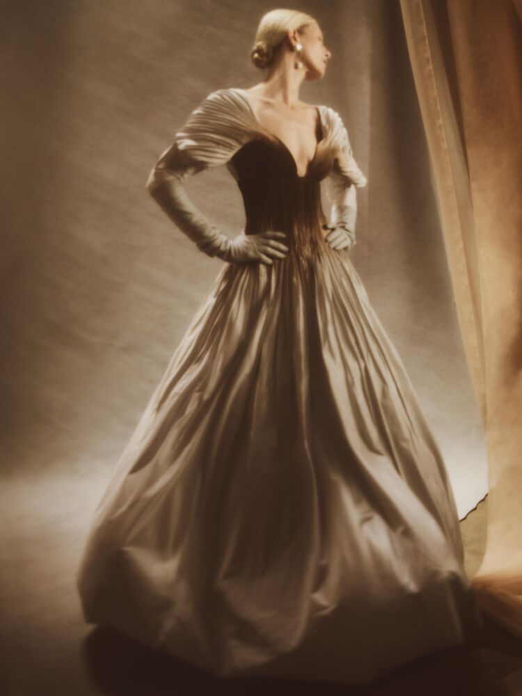 Danielle Frankel tucked silk taffeta ball gown with long sleeves