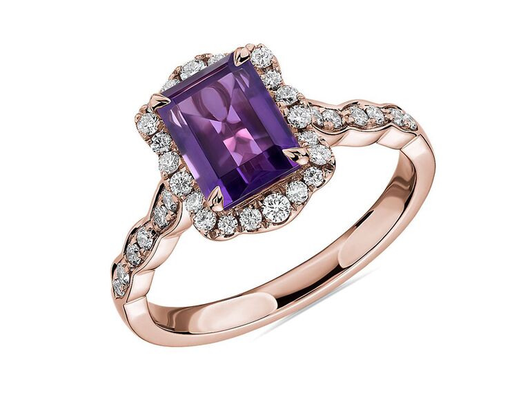 blue nile amethyst engagement ring with emerald cut amethyst round diamond halo and round diamond and rose gold band