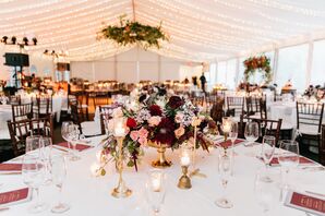 Romantic Tented Reception with String Lights and Fall Flowers