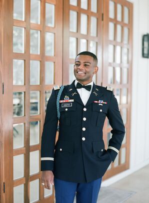 Groom in Military Uniform for Wedding at The Ivory Oak in Wimberley, Texas