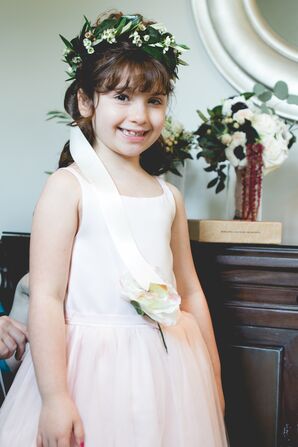 White Flower Girl Dress and Green Flower Crown