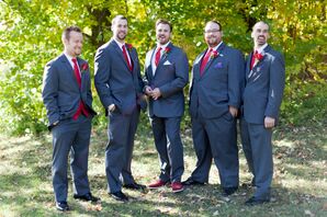 Groomsmen Wearing Red Ties and Charcoal Suits