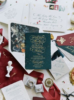 Formal, Royal-Inspired Emerald Invitation Suite With Gold Embossment