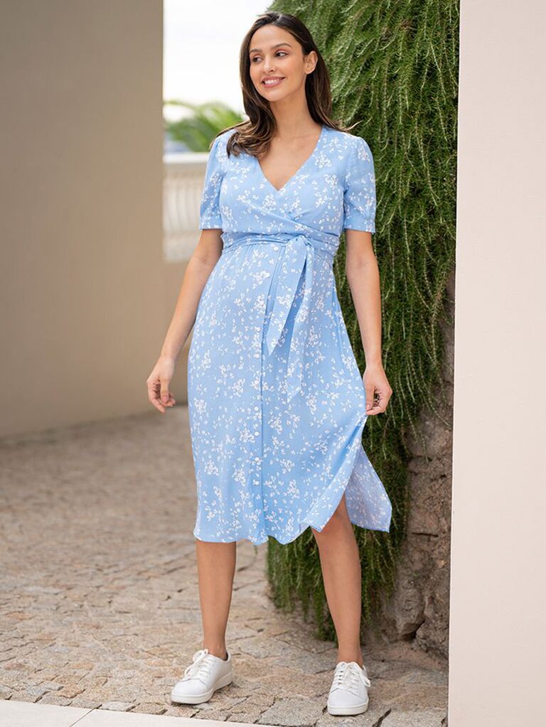 Seraphine floral maternity and nursing wedding guest dress in blue and white floral
