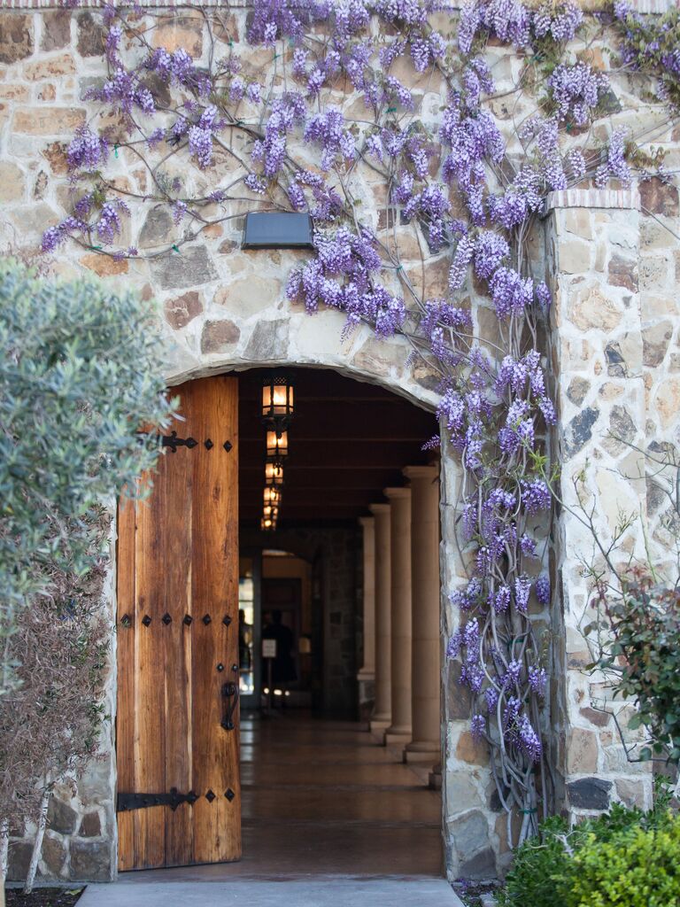 A purple hanging flower vine, curling over a stone entryway.
