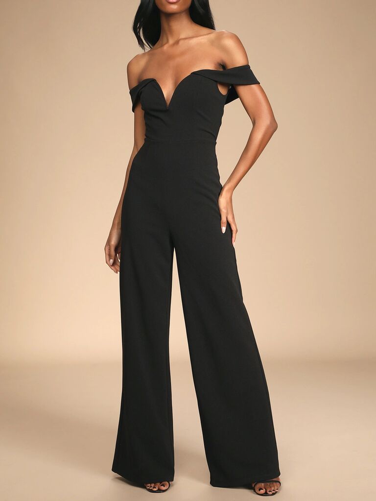 black off-the-shoulder wide leg jumpsuit