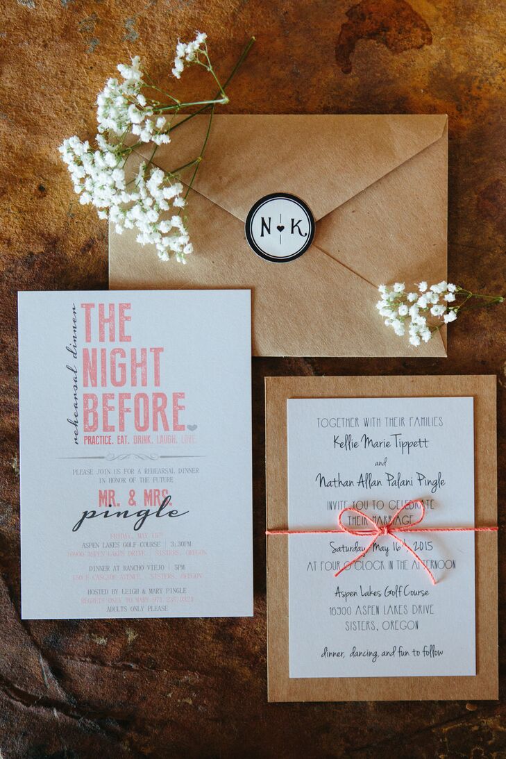 Wedding invitations were printed on white stationery with black and coral text, tied with coral ribbon. The invitations were placed inside kraft paper envelopes, which were sealed with a black-and-white custom-made sticker that displayed Kellie's and Nathan's first-name initials.