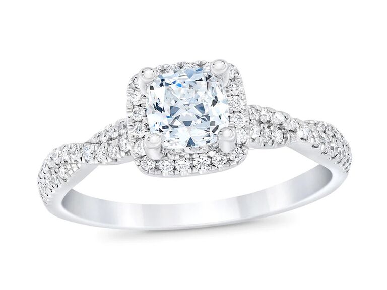 jared diamond cushion cut engagement ring with round diamond halo and round diamond twist shank