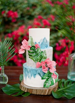 Round Tiered Cake with Tropical Fondant Flowers and Banana Leaves