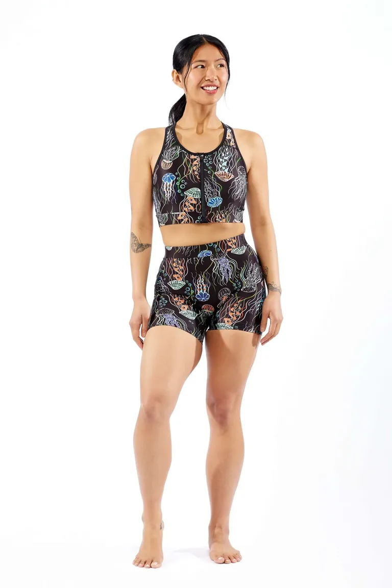 black racerback top and shorts with jellyfish print