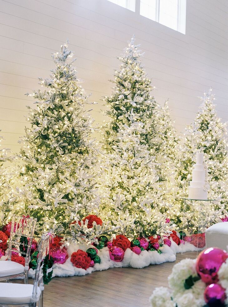 Large Ornaments, Bouquets and Snow Under Christmas Trees With Lights