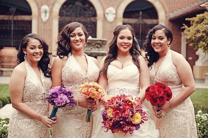 The bridesmaids wore champagne colored dresses accented with lace purchased from Lillian's Bridal.