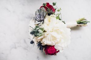 Bouquet with Succulents, Peonies, Thistle and Garden Roses