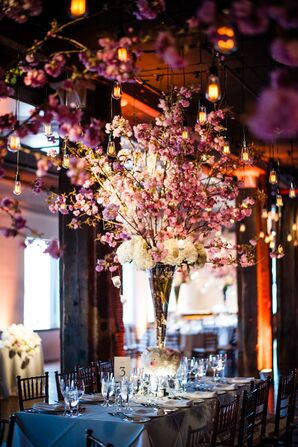 Tall Cherry Blossom Centerpieces and Edison Lights