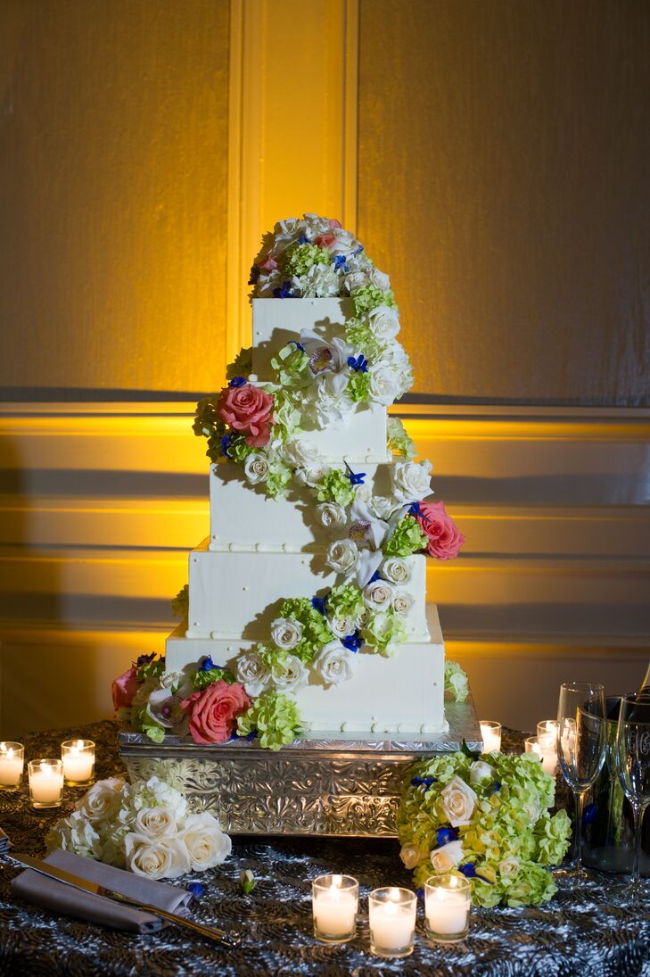 Square Buttercream Cake with Cascading Hydrangea and Roses