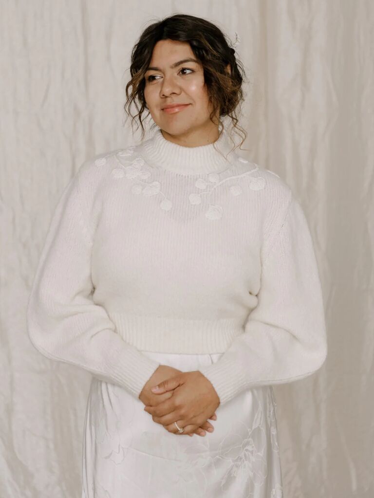 Esther Andrews white bridal sweater as a wedding cover-up 