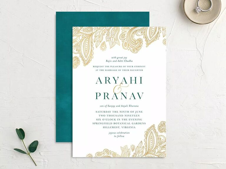 The Knot Invitations vintage boho wedding invitation with shimmering ornamental artwork
