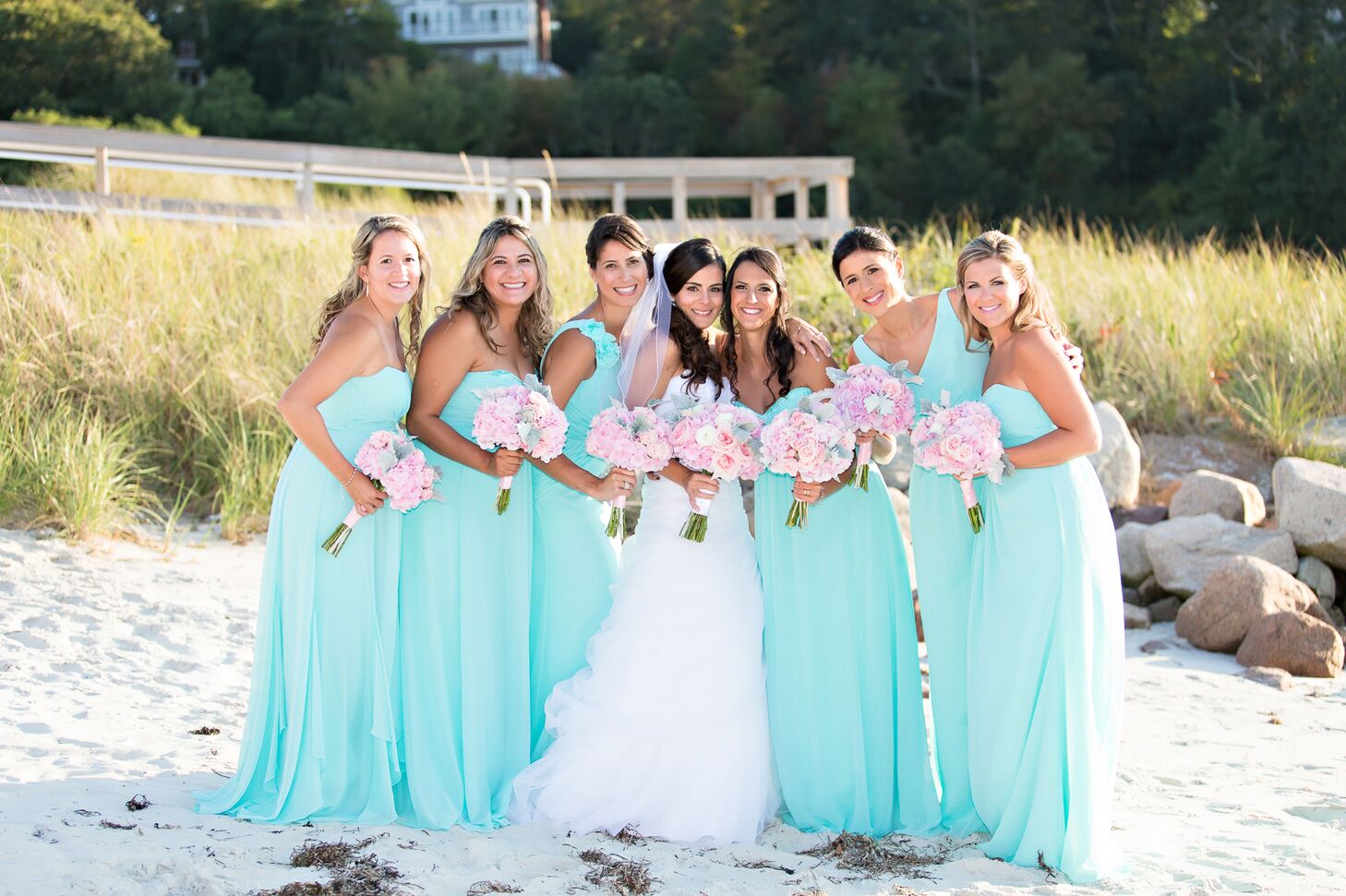 Mismatched, Long Aqua Bridesmaid Dresses