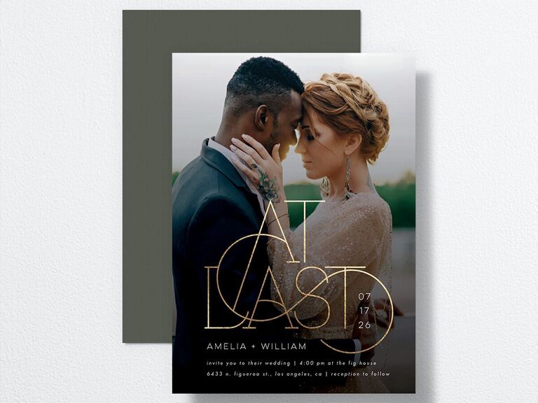 At Last foil photo wedding invitation design budget friendly