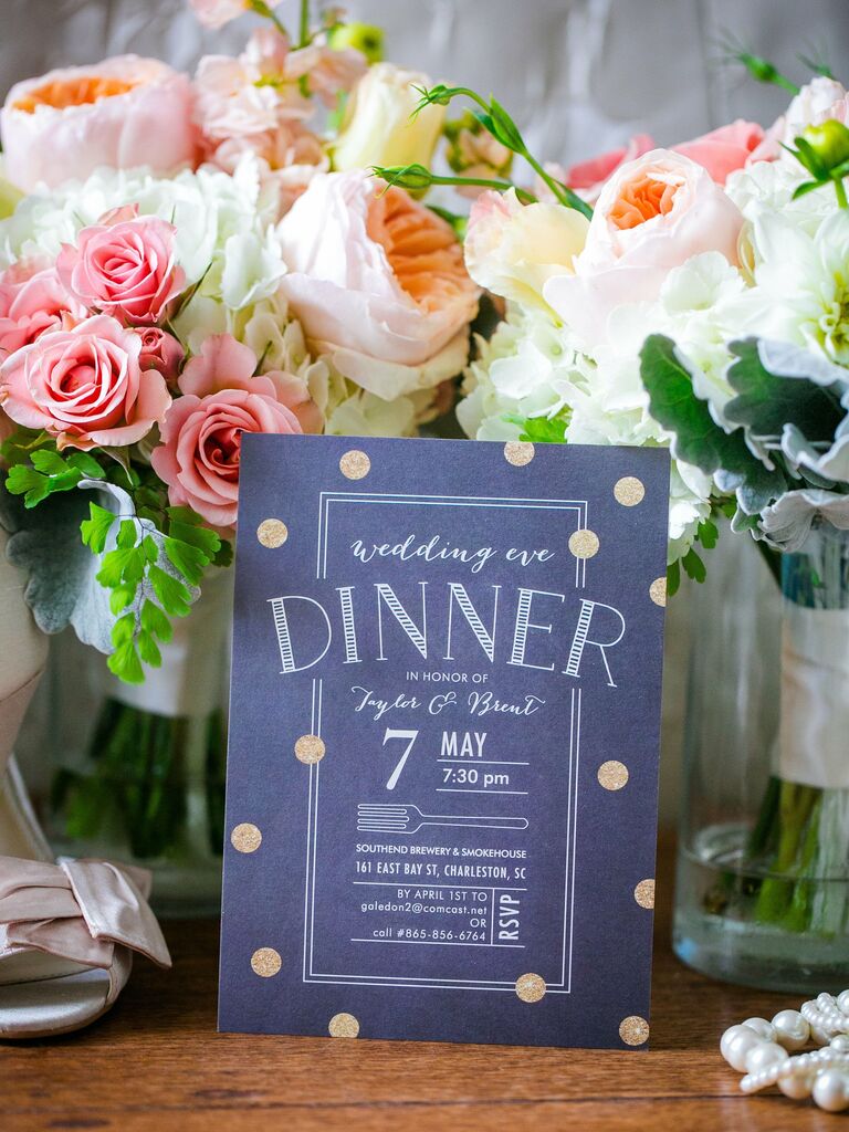 blue-and-gold rehearsal dinner invitation