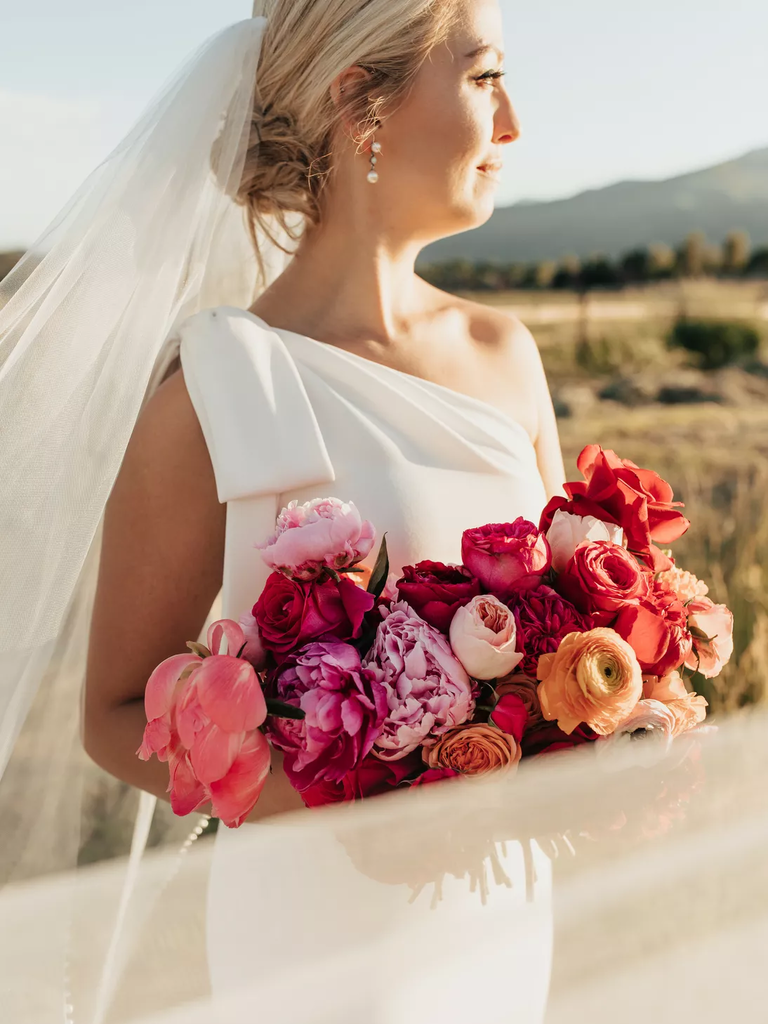 Pink and Red Bouquet With Roses, Ranunculus and Peonies