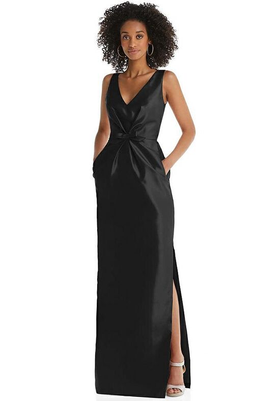 Dessy Group Pleated Bodice Satin Maxi Pencil Dress with Bow Detail - D810 V-Neck Bridesmaid Dress - 1